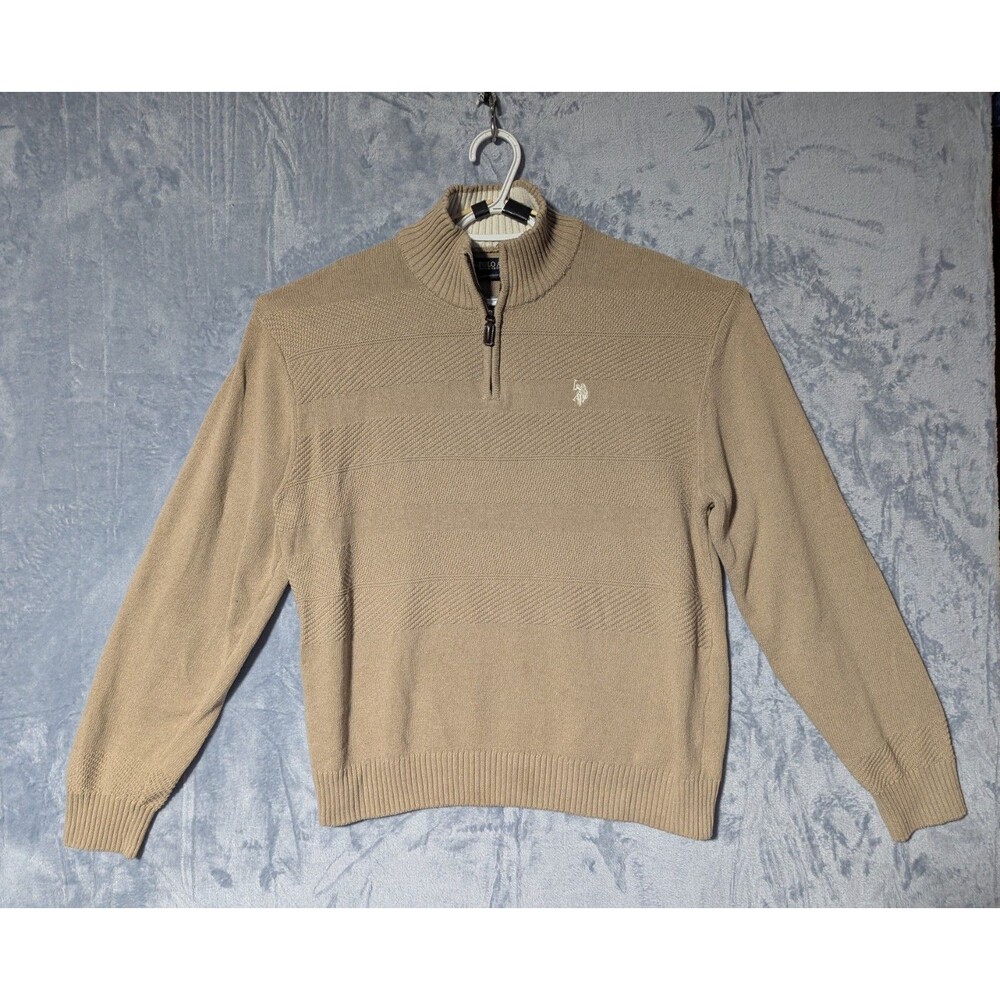 US Polo Assn Mens XL Beige Quarter 1/4 Zip Textured Knit Sweater Pullover Cotton